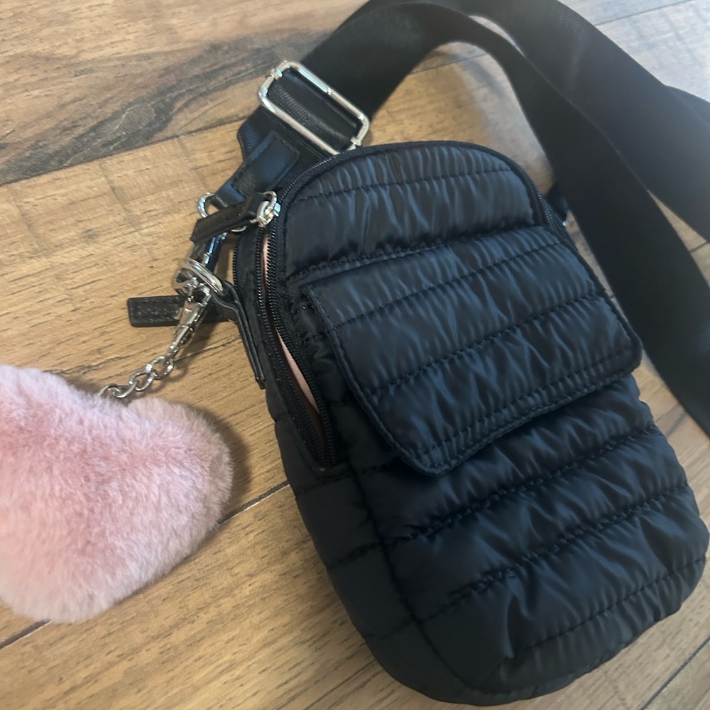 Isaac Mizrahi Black Quilted Crossbody Bag with Pink Heart Charm